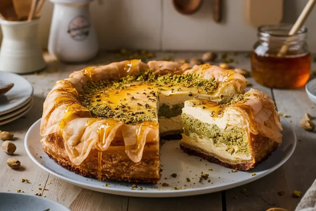 Honey Pistachio Baklava Cheesecake