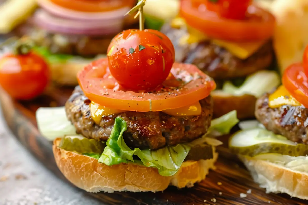 bite-size burgers with cherry tomato slices